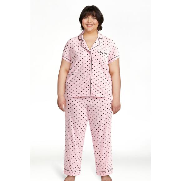 Joyspun Size Small (4-6) Pink Black Polka Dot Pajama Set Pants & Button Up Shirt - Picture 1 of 9